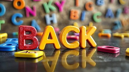 The letters BACK made of colorful wooden blocks in the style of children's toys on a background of other letters. Suitable for educational materials, children's projects, and games - Powered by Adobe