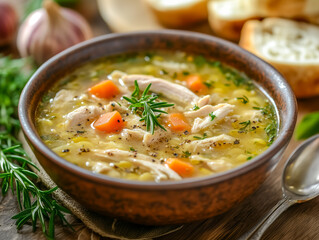 Hearty Chicken Soup with Vegetables and Rosemary in a Bowl

