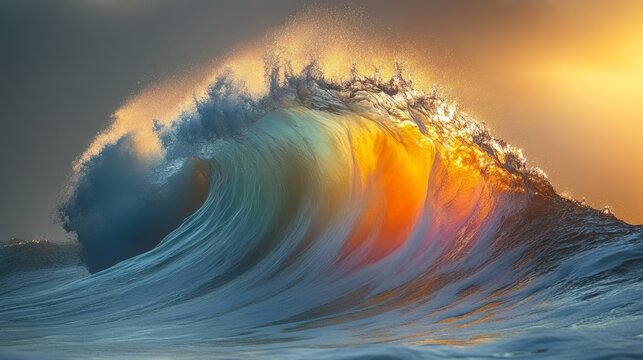Giant ocean wave breaking at sunset creating beautiful colors