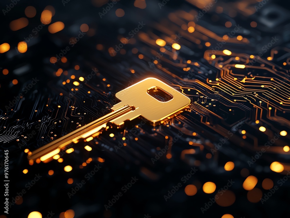 Poster a golden key rests on a dark circuit board, symbolizing security and digital technology. perfect for