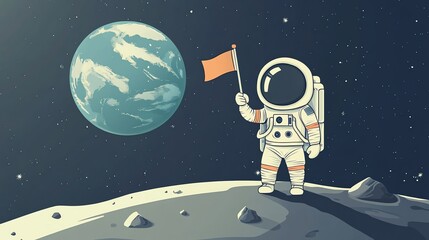 An astronaut stands on the moon with a flag while looking back at earth.