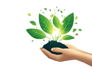 A hand nurturing a small plant with vibrant green leaves, symbolizing growth, care, and environmental sustainability.