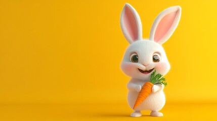 Obraz premium A cute white rabbit holds a carrot against a yellow background.