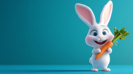 Obraz premium Cute cartoon bunny holding a carrot, smiling.