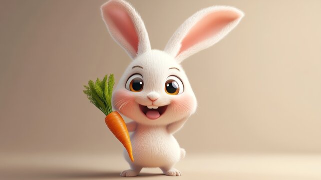 Fototapeta Cute cartoon bunny rabbit holding a carrot against a beige background.