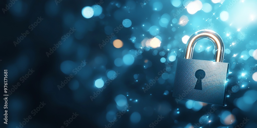 Poster a modern padlock against a vibrant bokeh background, symbolizing security and protection in digital 