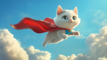Fototapeta premium A cute white cat with a red cape flies through the sky.