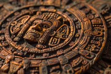 Obraz premium The detailed Aztec calendar showcases elaborate carvings depicting celestial symbols and figures, reflecting the ancient civilization's rich cultural heritage and artisanship.