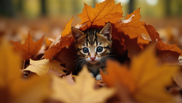 Autumn colors - A lovely kitten peeking out from inside a pile of yellow fallen leaves in the forest or park outdoor