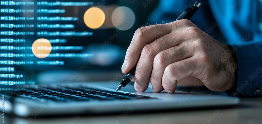 Poster a person writing on a laptop, emphasizing productivity and technology in a modern workspace with glo