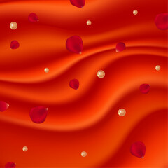 Orange silk fabric vector background with golden pearl and rose patels.