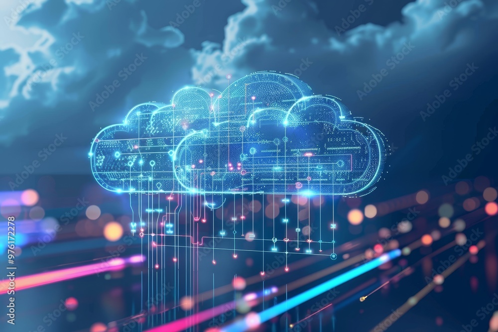 Poster a visual representation of digital clouds linked by colorful lines, showcasing the concept of data s
