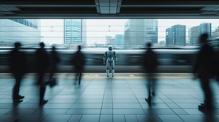 Futuristic Robot Stands Still At a City Station