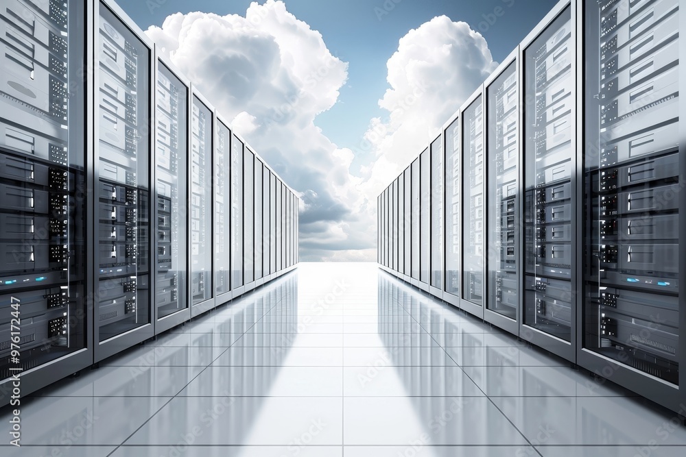 Poster rows of sleek servers stand tall in a modern data center, bathed in natural light from a sky filled 