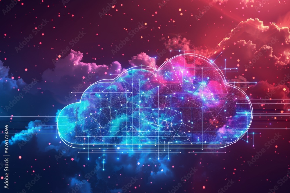 Poster a vivid cloud formation filled with cosmic designs and digital patterns floats against a colorful sp