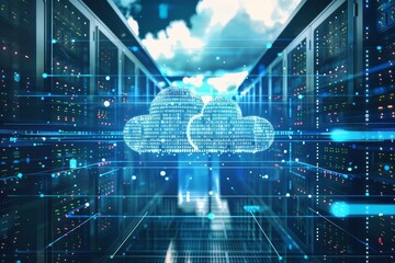 A vibrant representation of cloud computing in a modern data center, featuring binary code and a digital cloud symbol, highlighting the intersection of technology and data management.