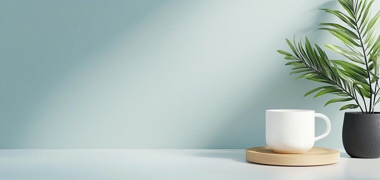 A 3D serene interior scene featuring a white mug on a wooden coaster beside a stylish plant against a soft blue background.