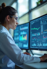 Pharmaceutical Data Analysis: Data Scientist Studying Charts on Computer Monitor