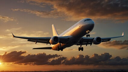 Passenger plane taking off at sunset or dawn