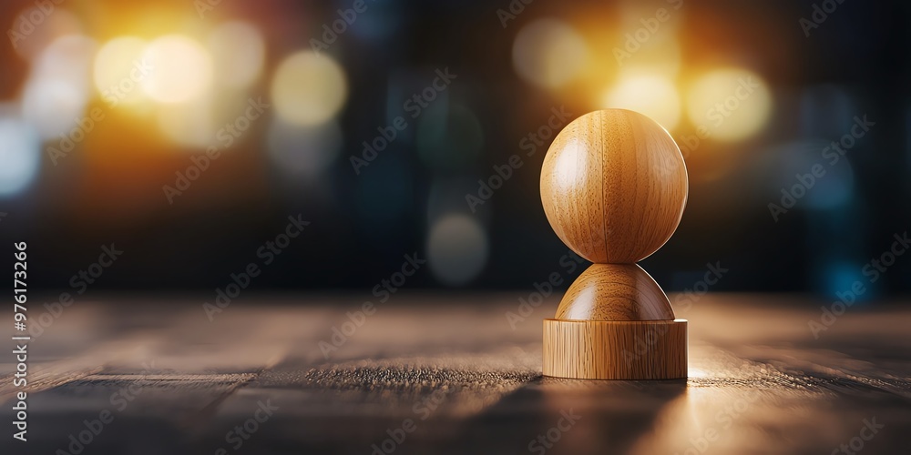 Poster a 3d single wooden pawn stands on a table, highlighted by soft bokeh lights in the background, symbo