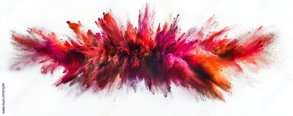 Poster colored powder explosion creating abstract shape on white background