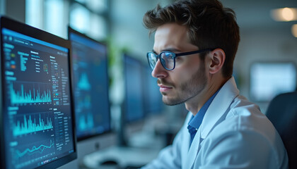 Fototapeta premium Biomedical Researcher Analyzing Precision Medicine Data Visualizations in a Modern Laboratory for Scientific Innovation