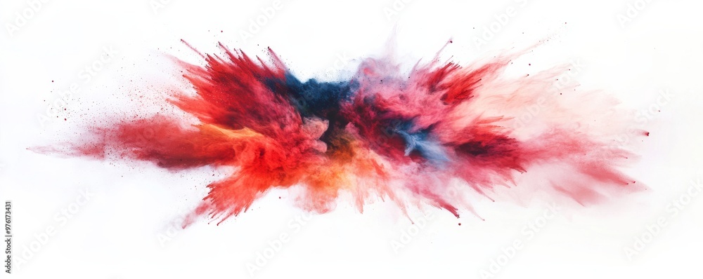 Poster multicolored powder explosion creating abstract shape on white background