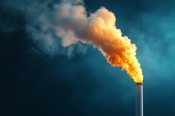 A smokestack emitting vibrant orange smoke against a dramatic blue sky, illustrating the impact of industrial activity on the environment.