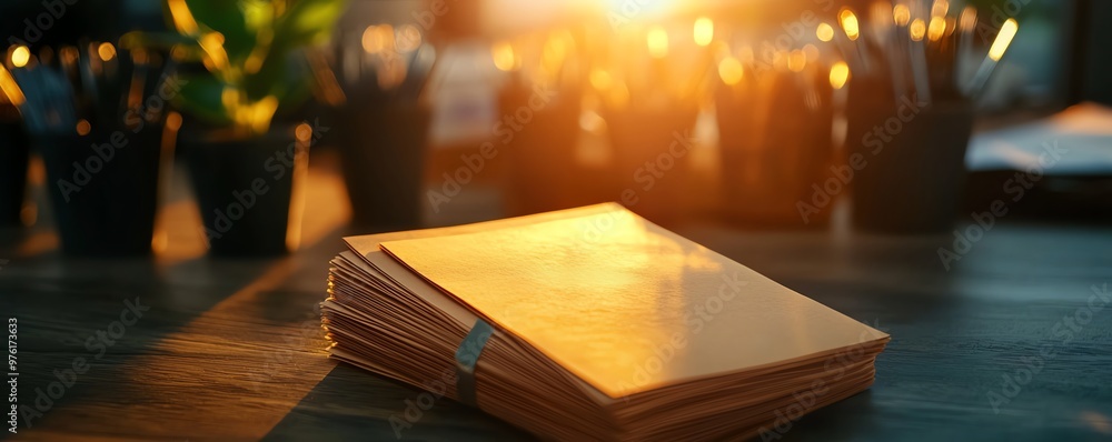 Poster a 3d stack of folders rests on a wooden desk as sunlight streams through, creating a warm and produc