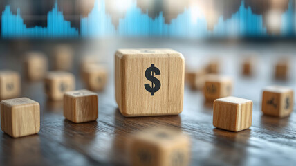 Wooden blocks with dollar signs amidst a financial chart.
