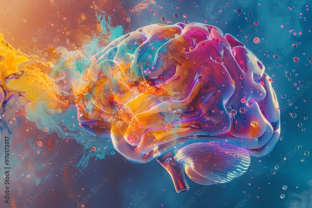 Aufkleber an abstract representation of a brain showcases a burst of colors and textures, surrounded by bubble