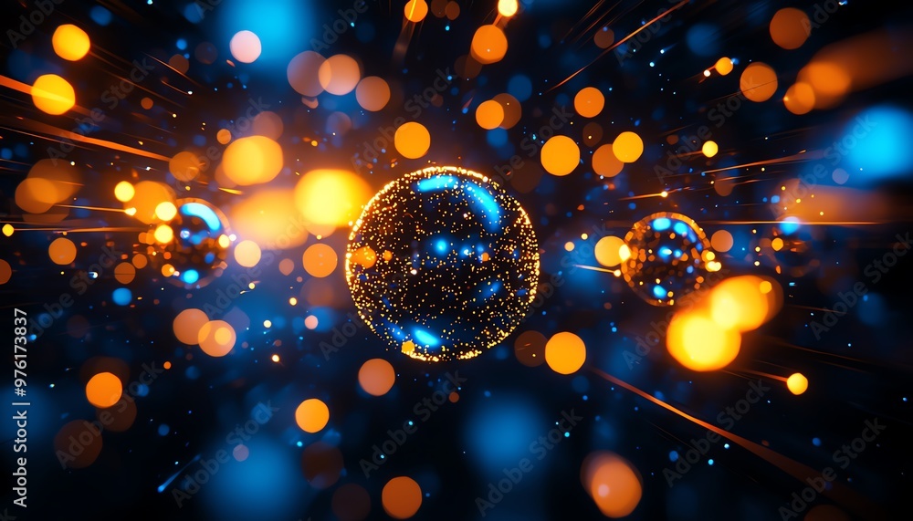 Poster a stunning abstract composition of glowing spheres and vibrant lights creating a dynamic visual expe