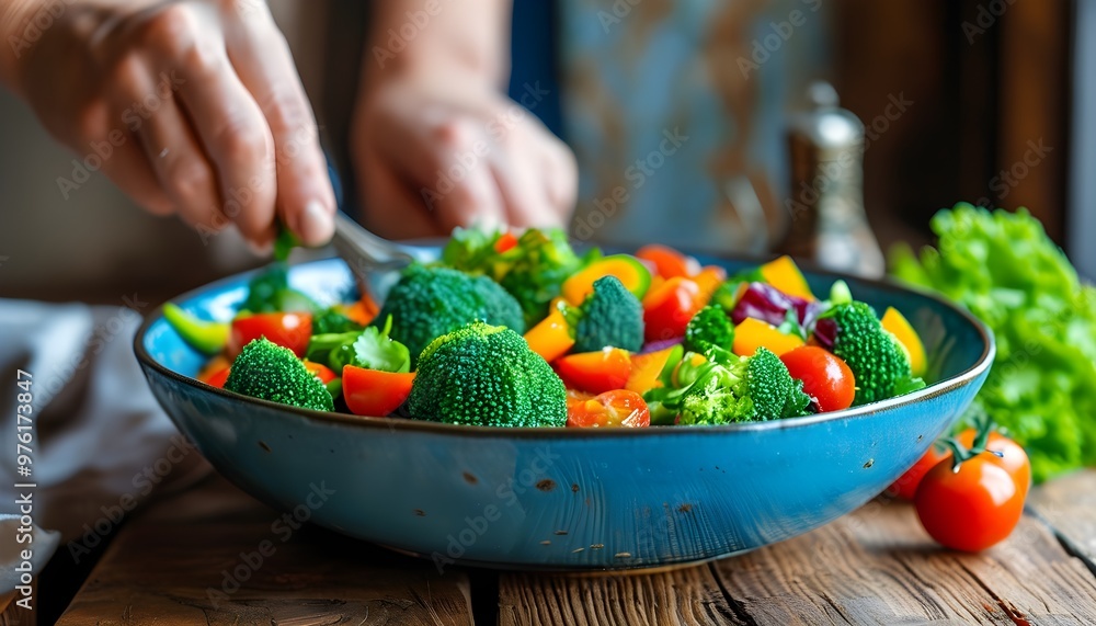 Wall mural vibrant salad preparation with fresh broccoli, juicy cherry tomatoes, and crisp bell peppers in a bl