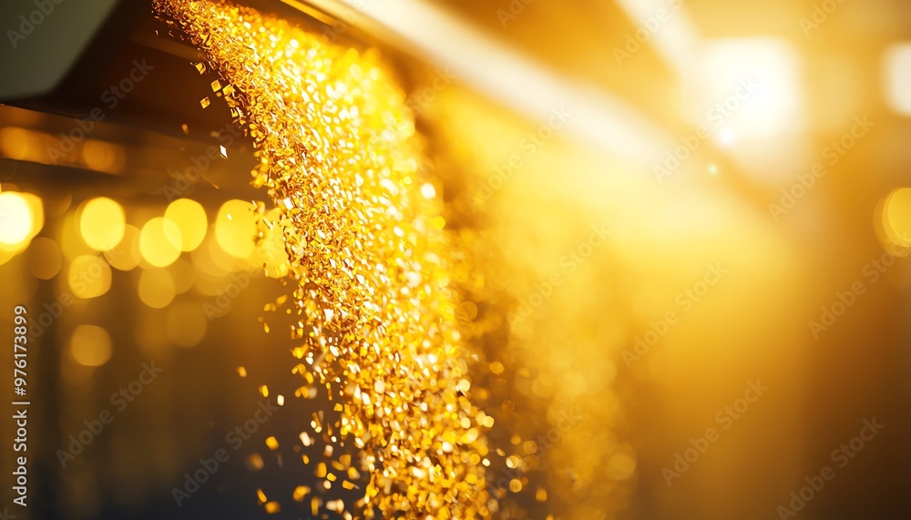 Poster a stunning close-up of shimmering gold particles cascading in warm sunlight, creating an enchanting 