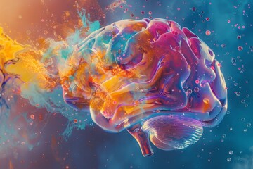 Fototapeta premium An abstract representation of a brain showcases a burst of colors and textures, surrounded by bubbles in a vivid setting that captivates the viewerâ€™s imagination.