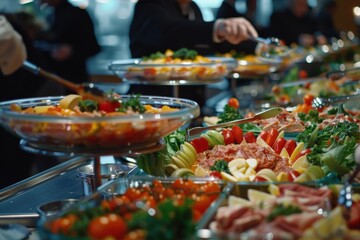 A group of chefs are preparing a large buffet of food, generative ai image