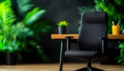 A 3D stylish black office chair in a modern workspace adorned with green plants, ideal for creating a calming work environment.