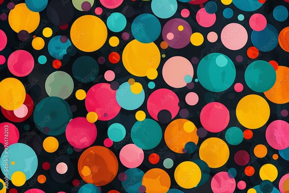 Poster this colorful composition features diverse circular shapes in various sizes and shades against a dar