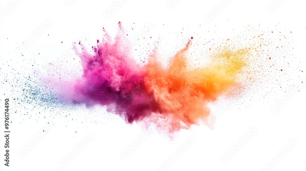 Poster multicolored powder explosion creating abstract shape on white background
