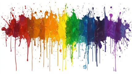 Abstract rainbow paint splatters and drips on a white background. © BozStock