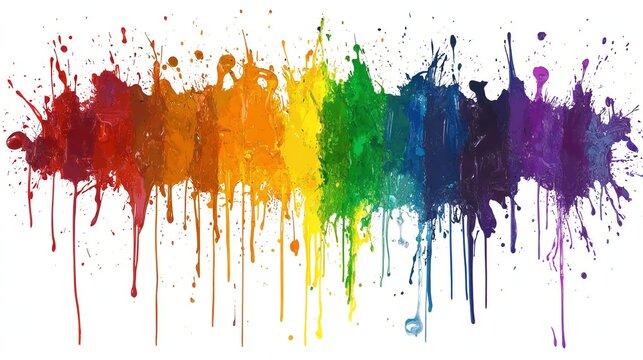 Abstract rainbow paint splatters and drips on a white background.
