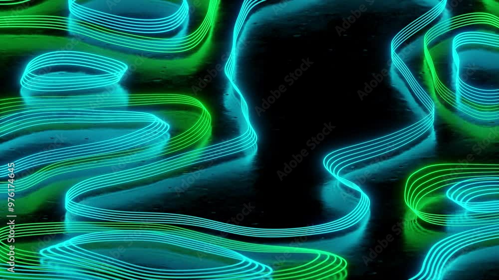 Poster multicolored waving lines appearing against dark background. 3d animation loop