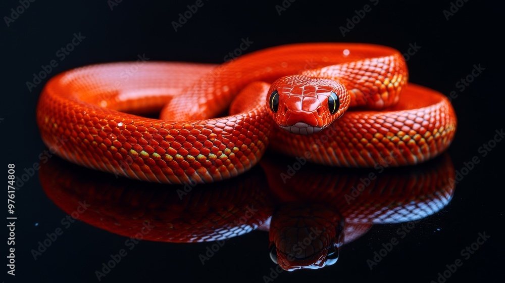 Poster red snake posing on black background with reflection