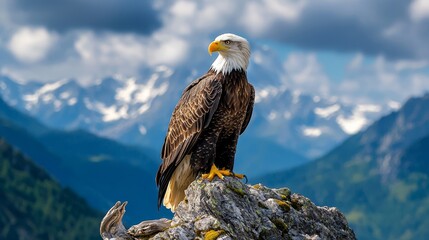 A bald eagle perched on a mountain peak, watercolor blending earth and sky to symbolize strength, freedom, and vision.