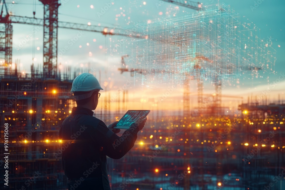Poster futuristic construction site with engineer using tablet and holographic data at dusk