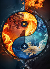 dynamic portrayal of the yin-yang symbol, where fire and water intertwine, representing the eternal balance and harmony of opposing elements in nature and the universe
