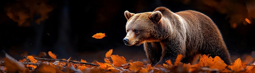 Obraz premium A bear wandering through a forest in autumn, the watercolor palette capturing the warmth of the season and the bearâ€™s solitary freedom.