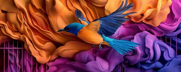 A bird breaking free from a cage, watercolor with vibrant hues symbolizing release and newfound freedom.