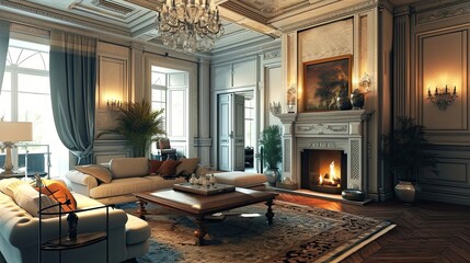 Luxury modern interior design of living room and burning fireplace in beautiful house.