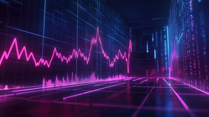 A glowing pink line chart with digital code in a dark background.